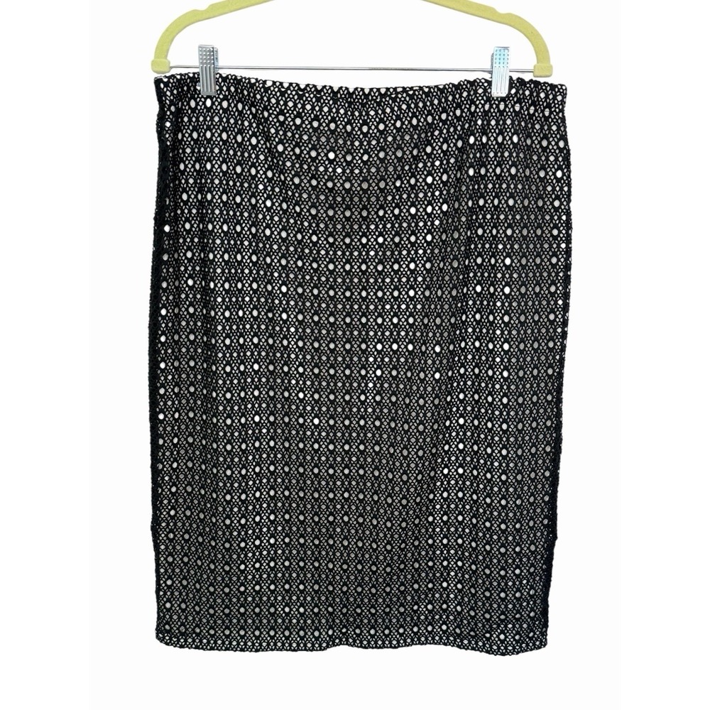 Vince Camuto Midi Pencil Skirt Women XL Black Eyelet Mesh Overlay White Lining - Picture 3 of 8